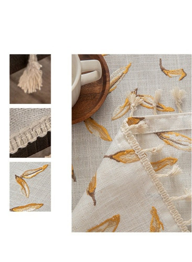 60×180cm Coffee Tablecloth Nordic Rectangle Pastoral Cotton Linen Tea Table Cloth Cover Kitchen Living Room Decor Fabric with Tassels Washer Dryer Fridge Top Dust Cover Grey(Gold Leaf) - Image 3